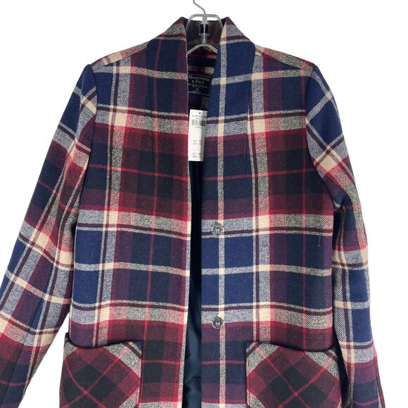 Abercrombie & Fitch Collarless Plaid Wool Blend Coat Blue Red Size XS - Picture 4 of 9